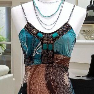 Teal/Turquoise/Brown Sundress w/ Spaghetti Straps